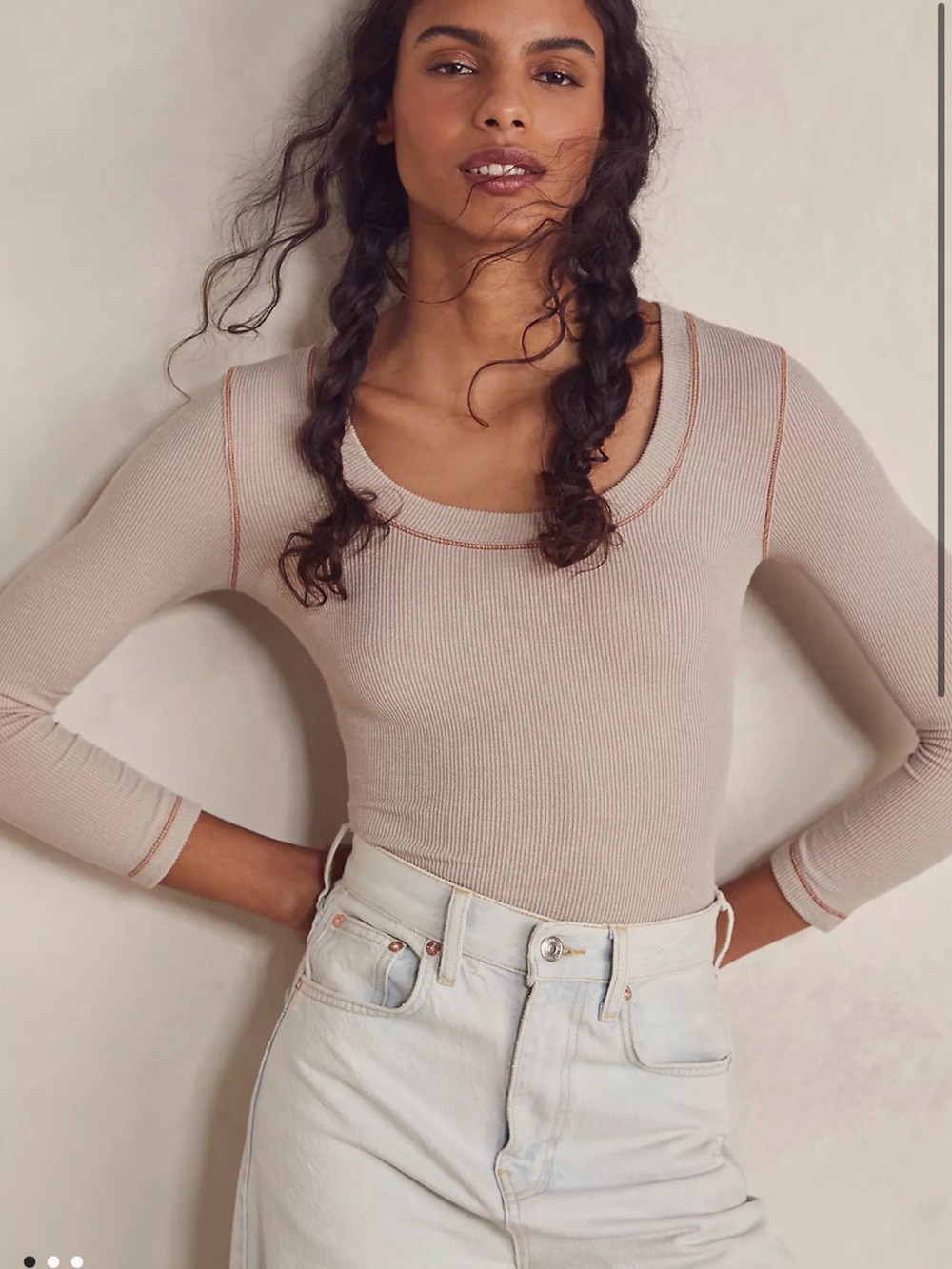 Free People Ribbed Scoop Neck Bodysuit - Taupe with Contrast Stitching